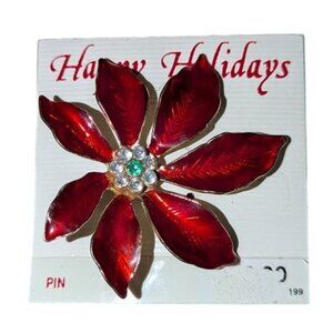 *3 FOR $9* NEW Happy Holidays Vintage Metal Enamel Poinsettia Brooch Pin Jewelry